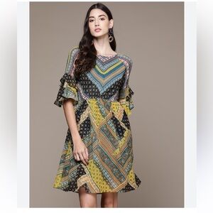 NWT Label Ritu Kumar Georgette A-Line Lined Dress Viscose Cotton Bohemian S